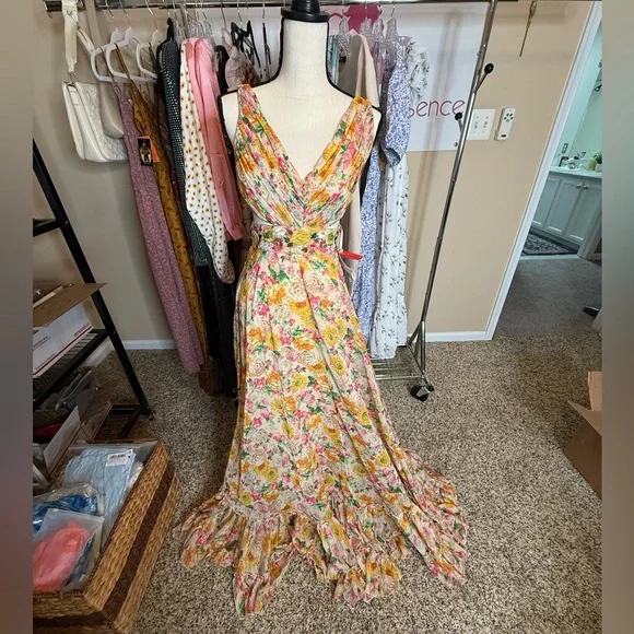 Mac Duggal Multicolor Floral Print Cut Out Lace Up Tiered Gown NWOT - Picture 4 of 9